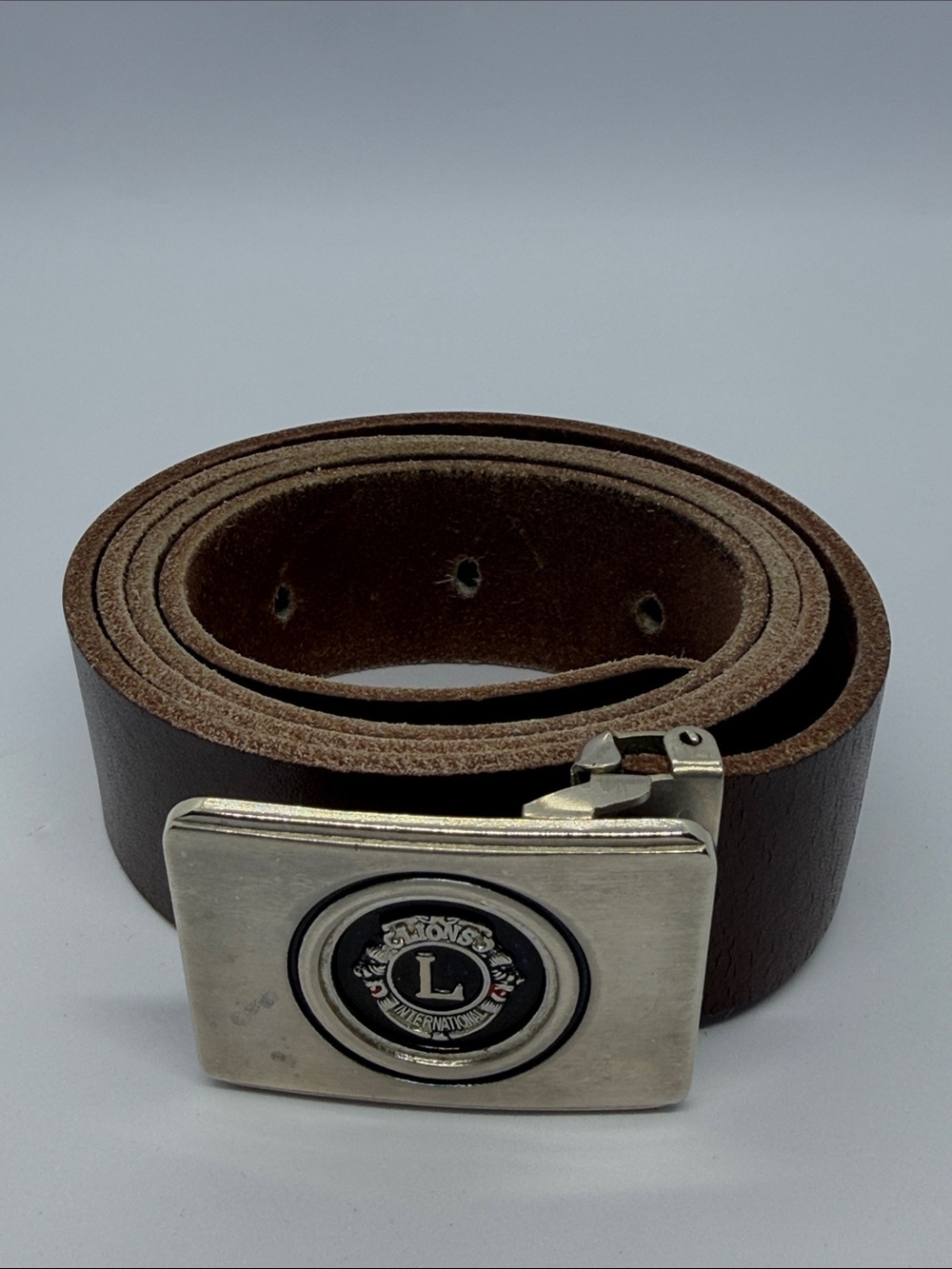 Leather Men's Belt with Silver Emblem Buckle - Brown
